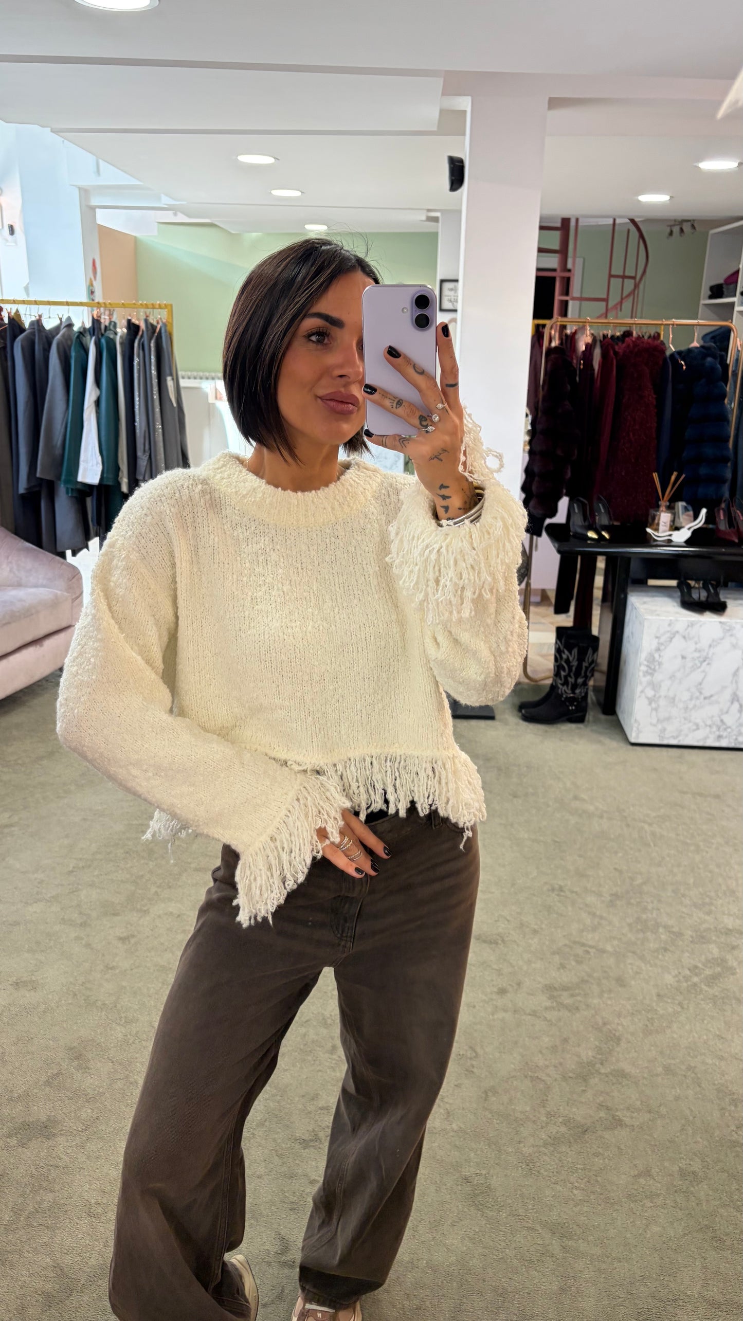 Maglione panna crop con frange gl