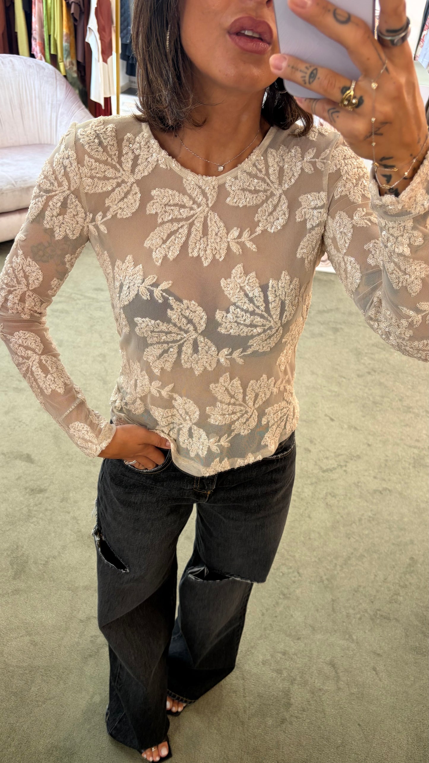 Maglia nude manica lunghe con ricami perline fr