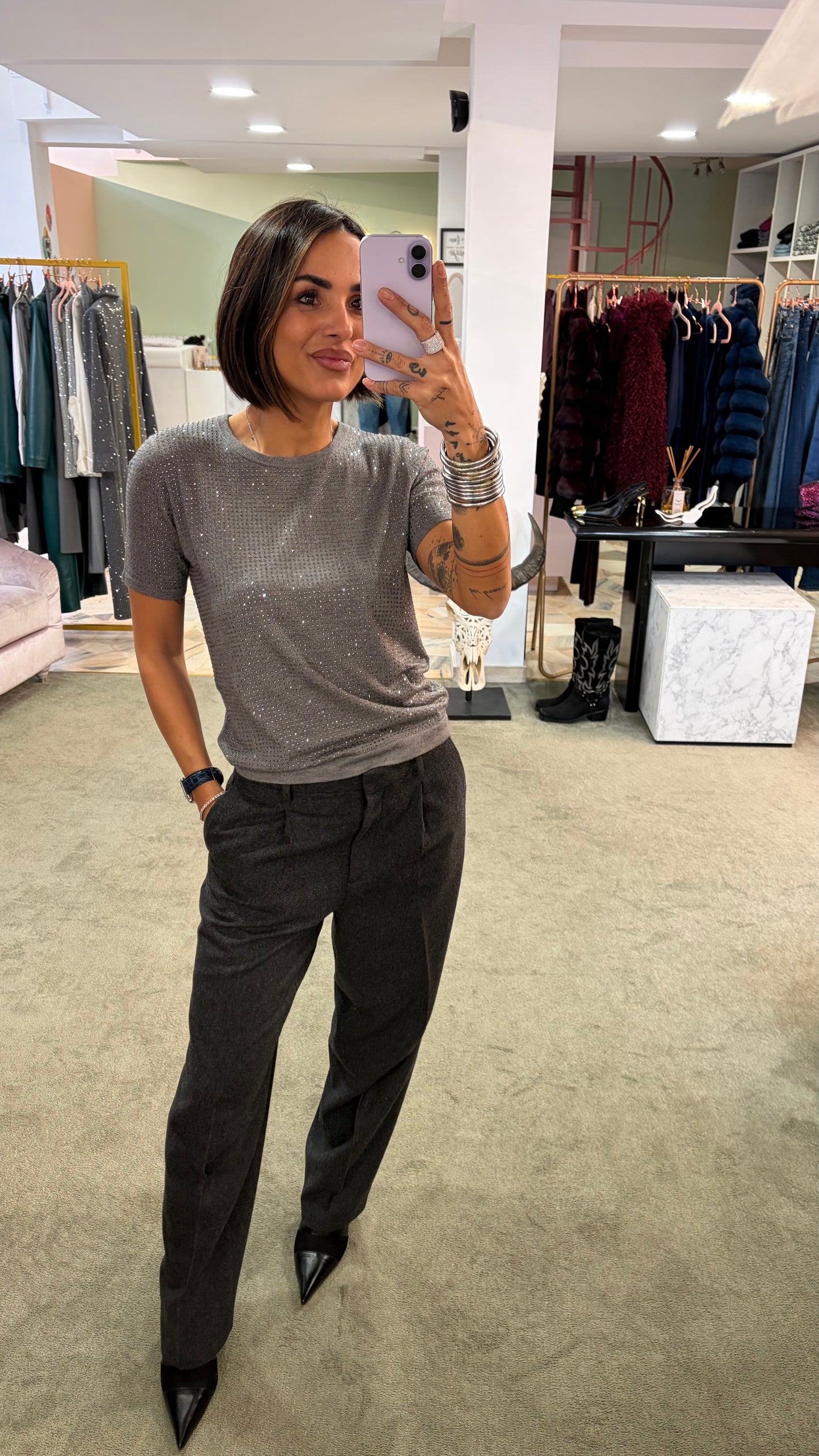 Maglia t-shirt grigia manica corta con cristalli fr