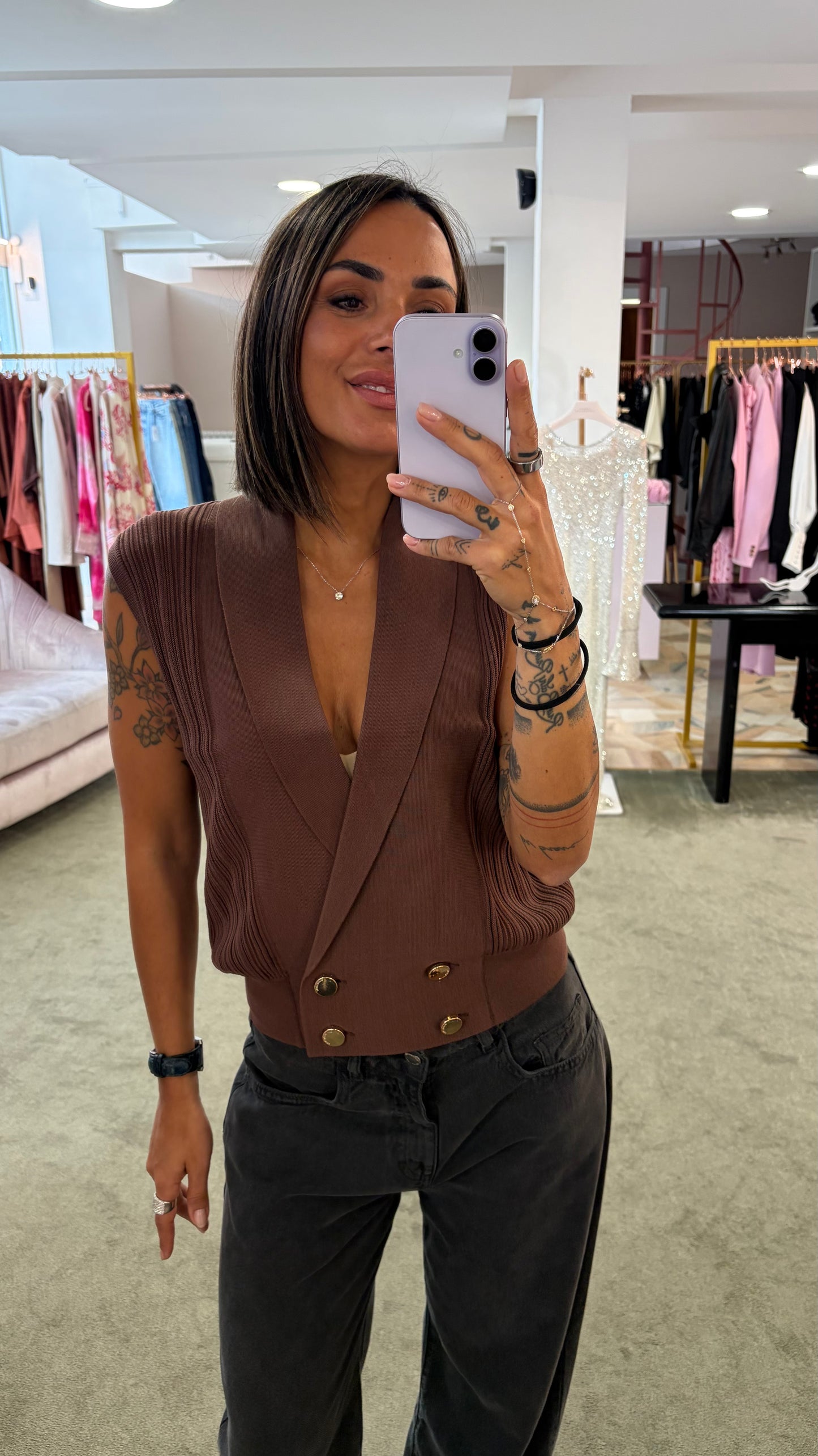 Gilet cacao in maglia con bottoni oro fr