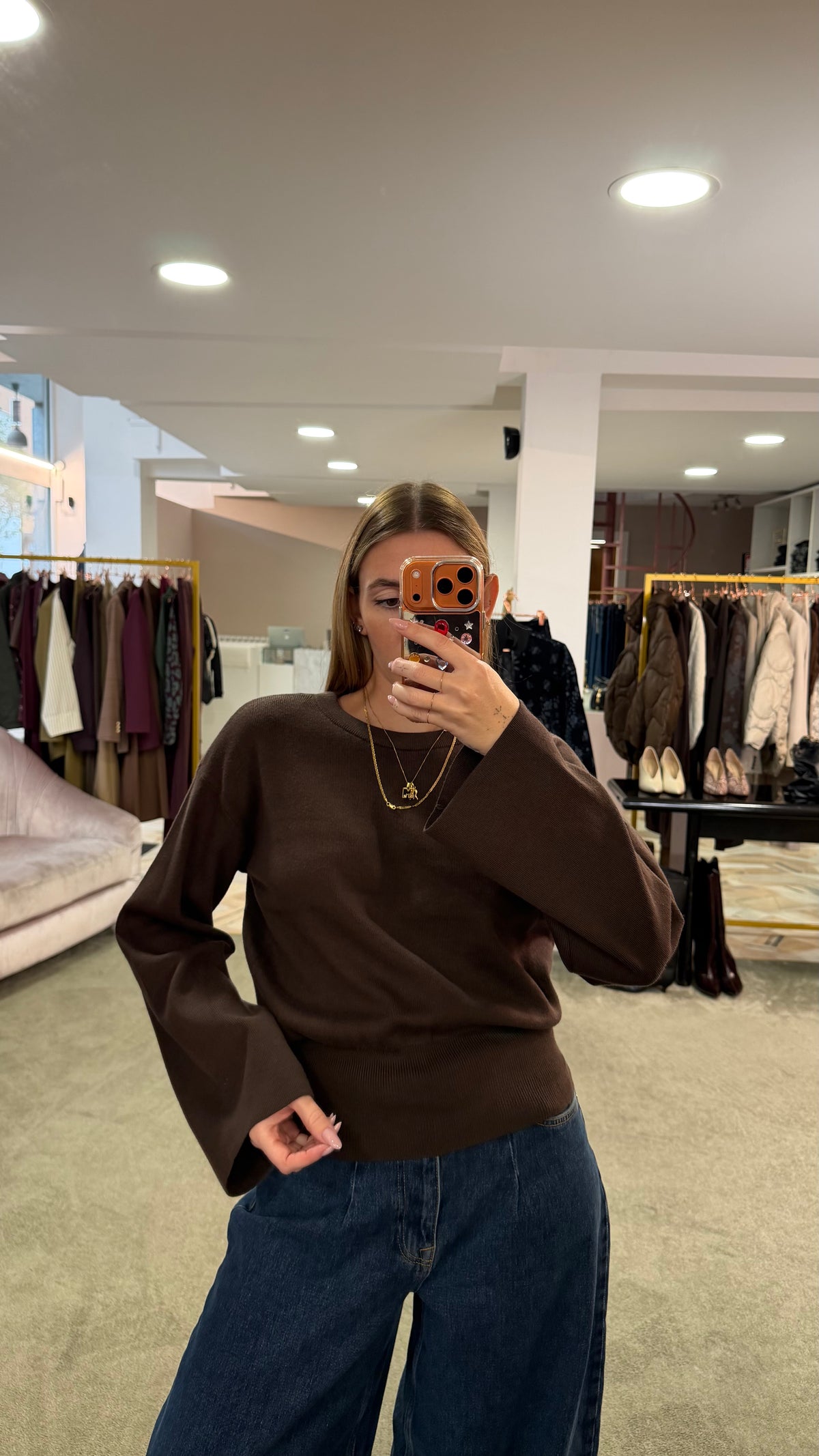 Maglione girocollo hanna marrone manica a kimono aw