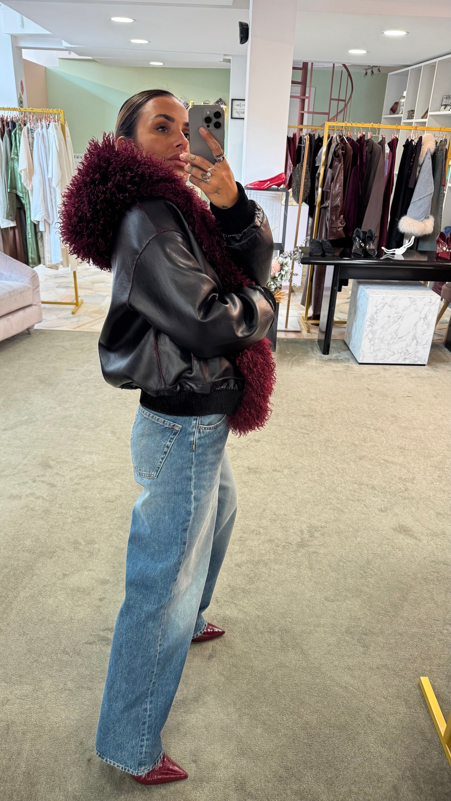 Bomber mongolia eco bordeaux con cappuccio