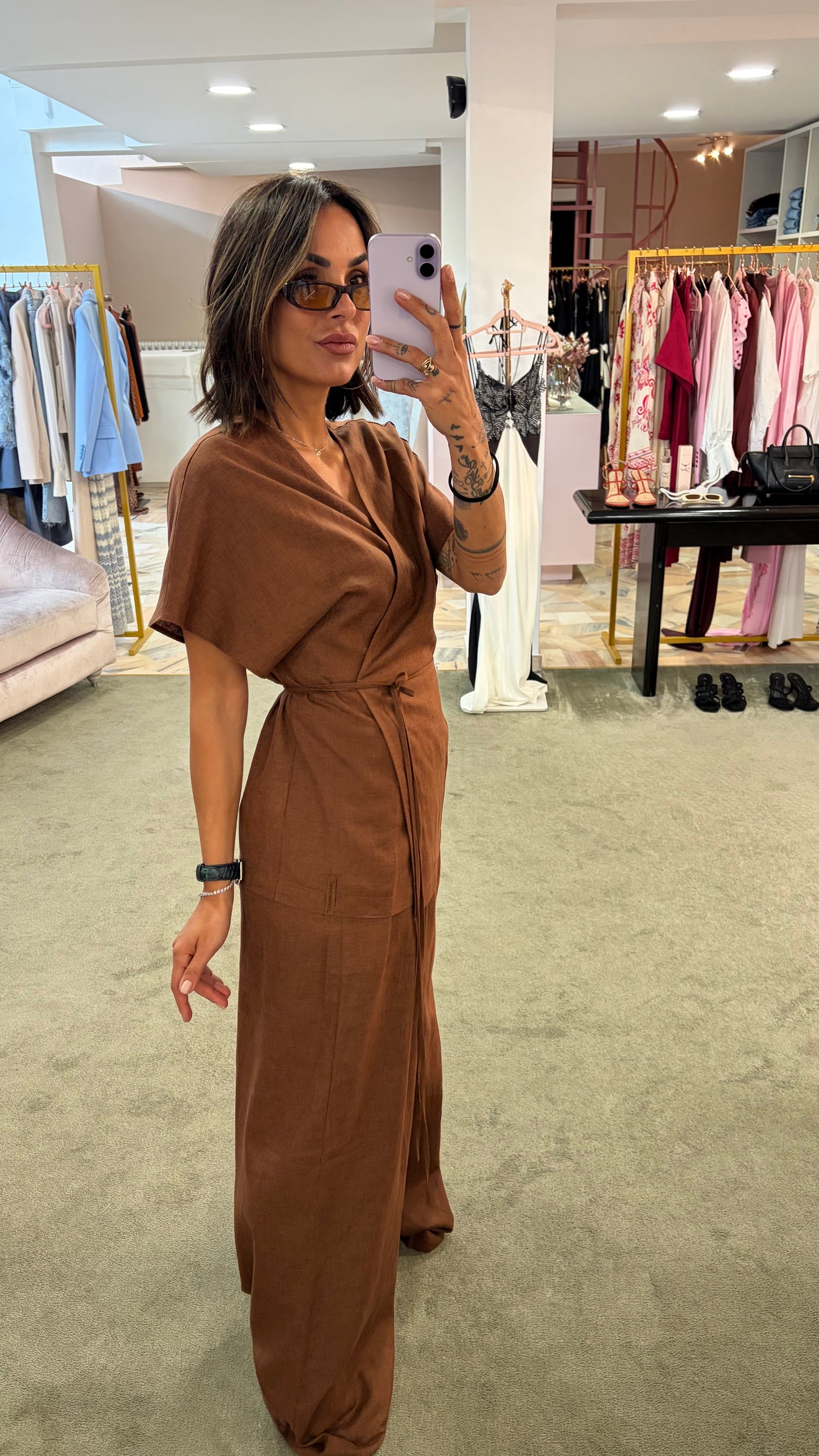 Camicia kimono tabacco con cintura in lino Hinnominate