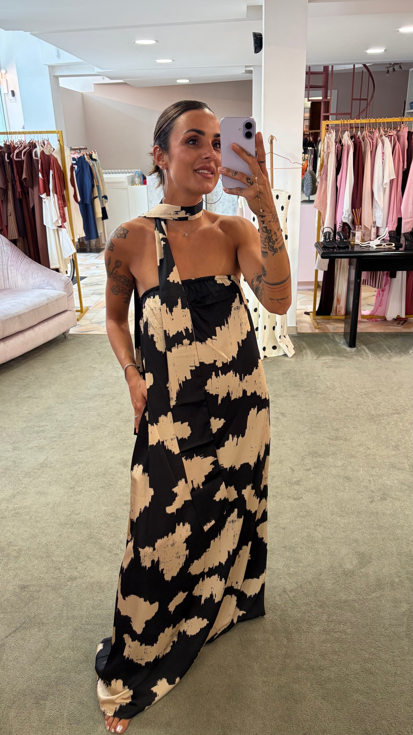 Abito a fascia beige e nero fantasia ay