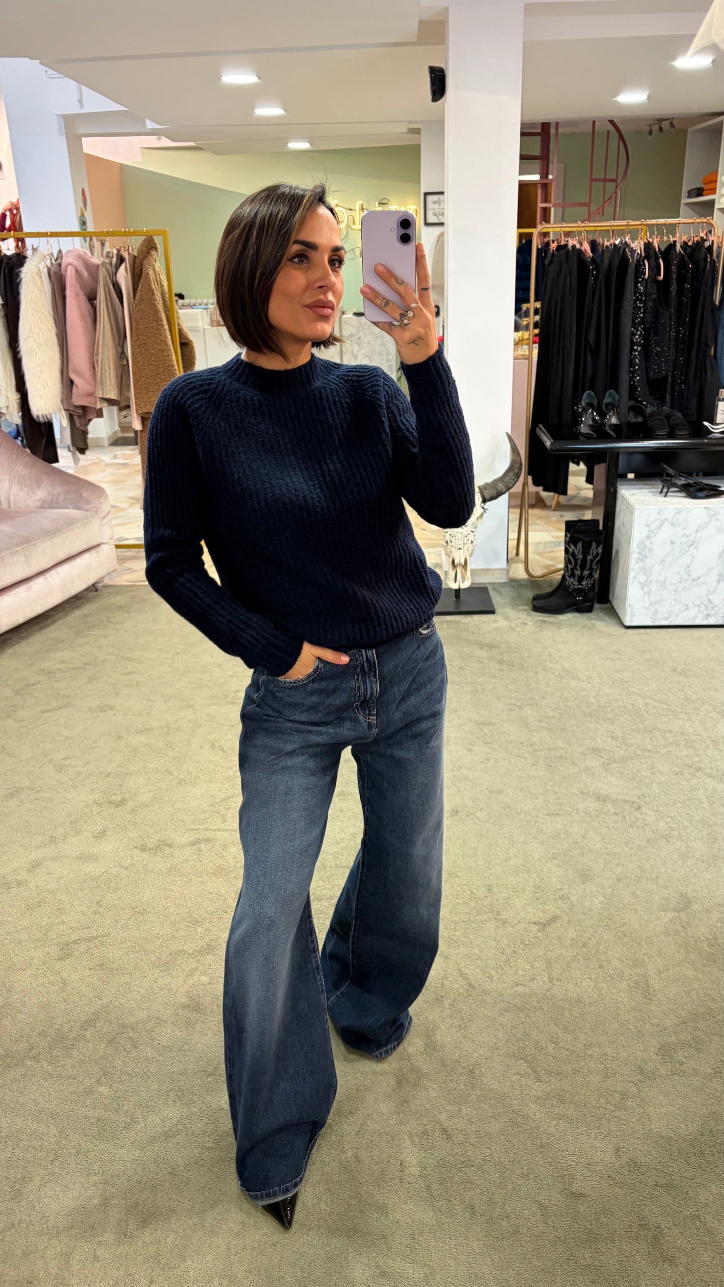 Maglione girocollo  blu navy a costine Irish