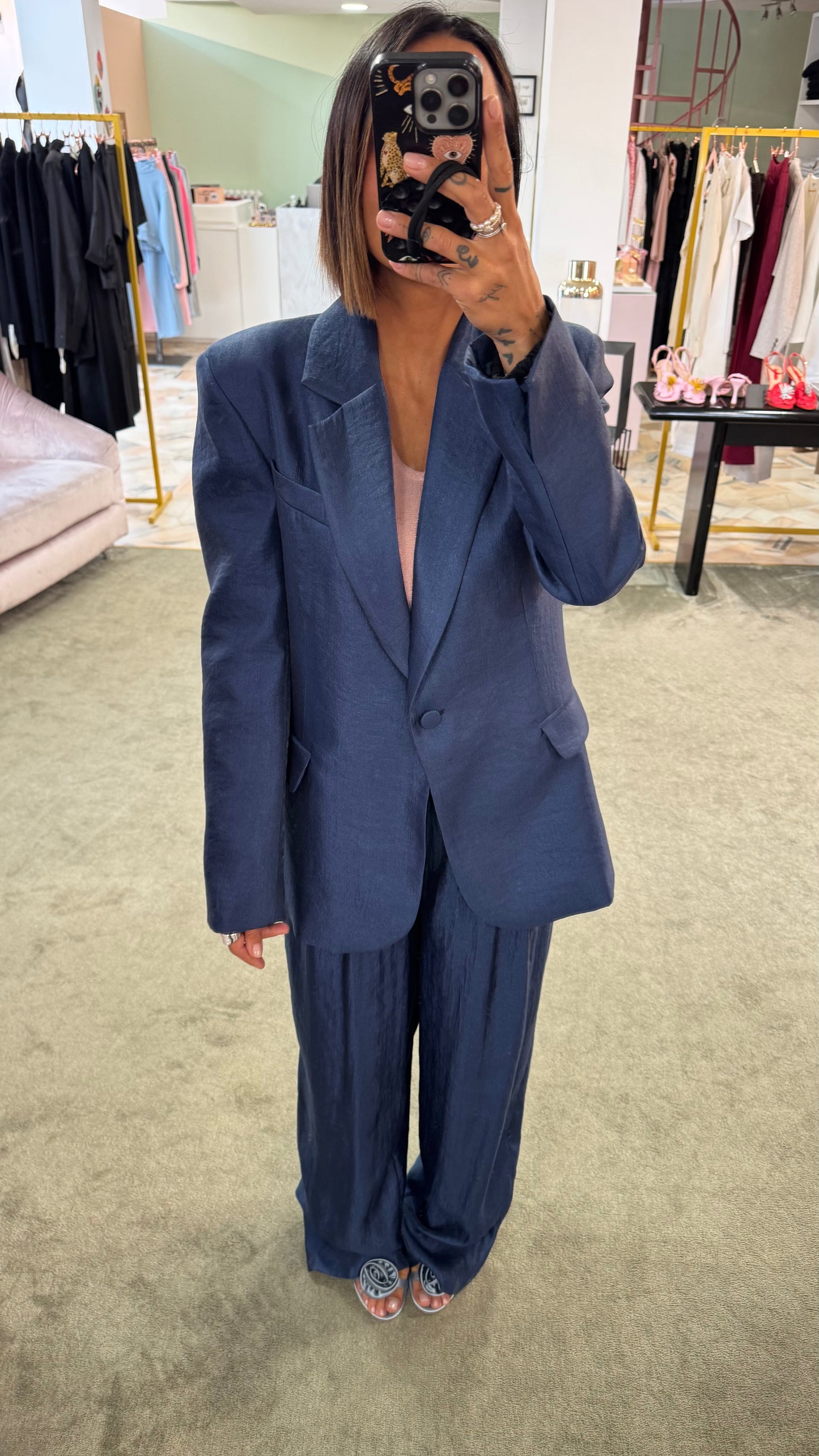 Pantaloni blu notte lucido palazzo con pences Actualee