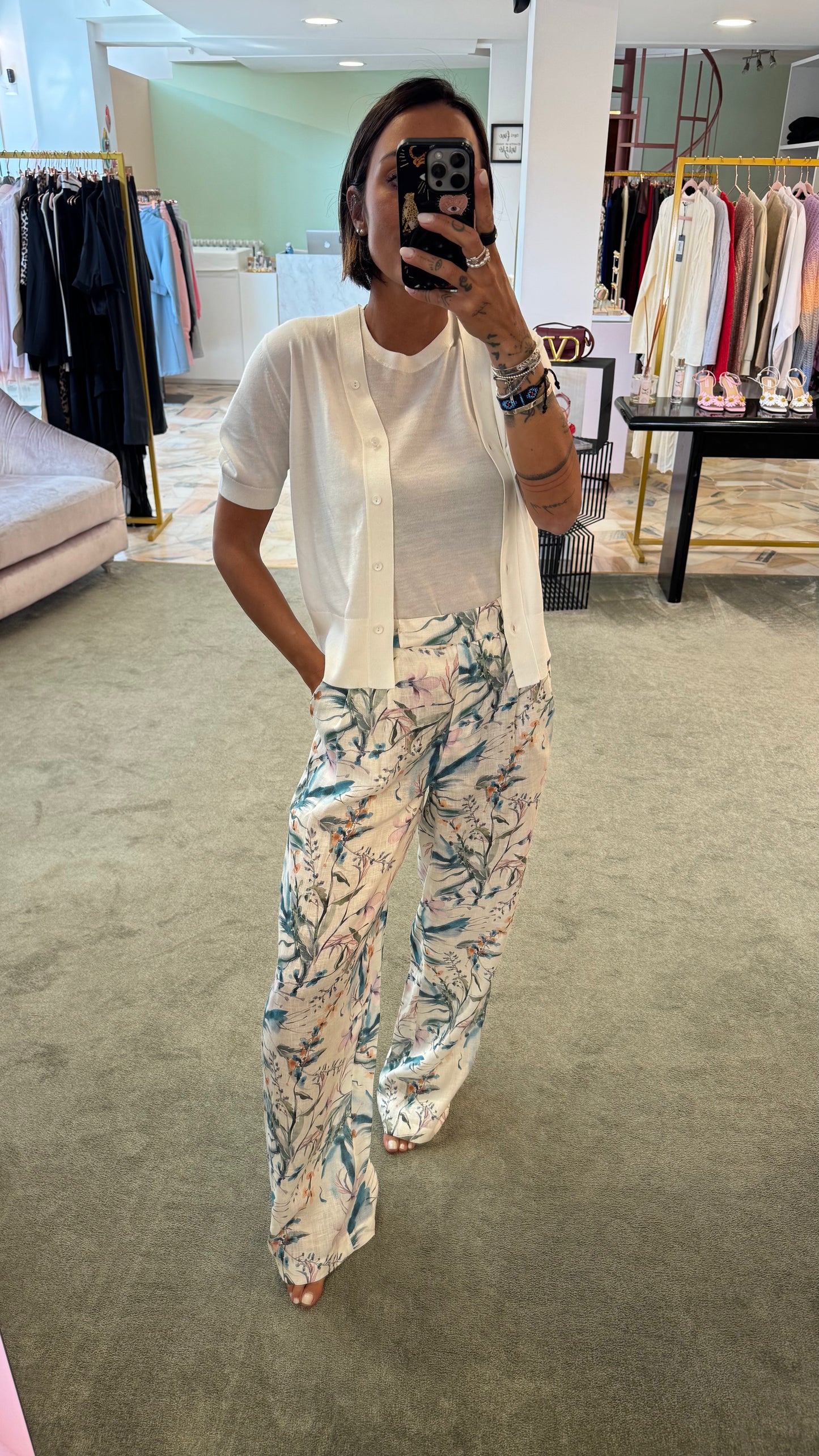 Pantaloni fantasia fiori verde Actualee