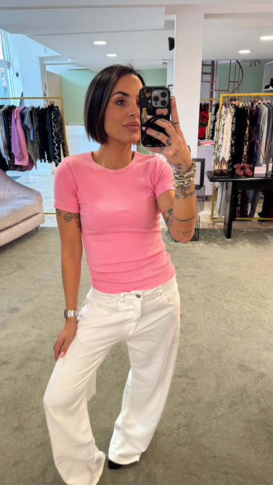 T-shirt slim rosa a costine jx