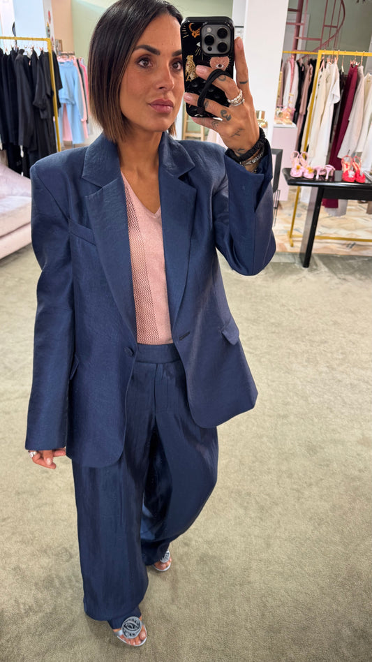 Pantaloni blu notte lucido palazzo con pences Actualee