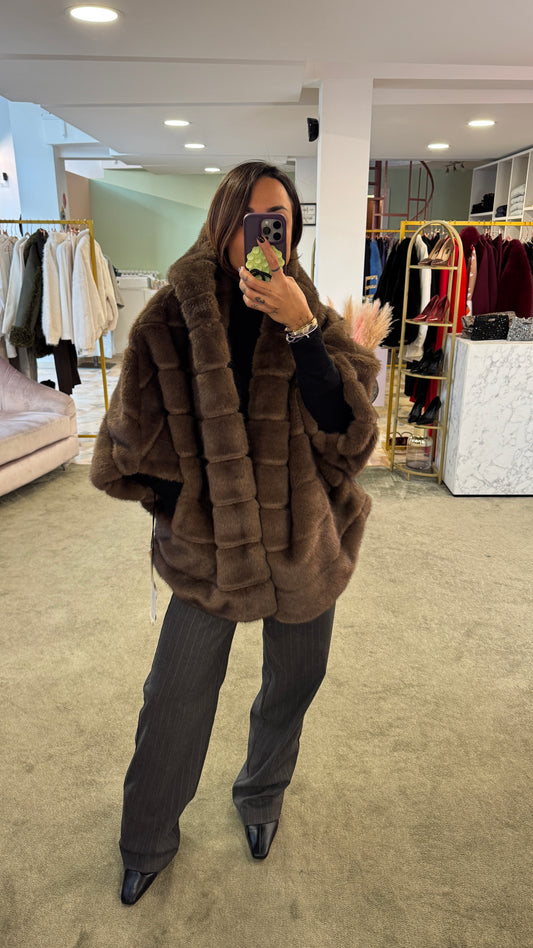 Cappa pelliccia eco marrone moro revesibile con cappuccio