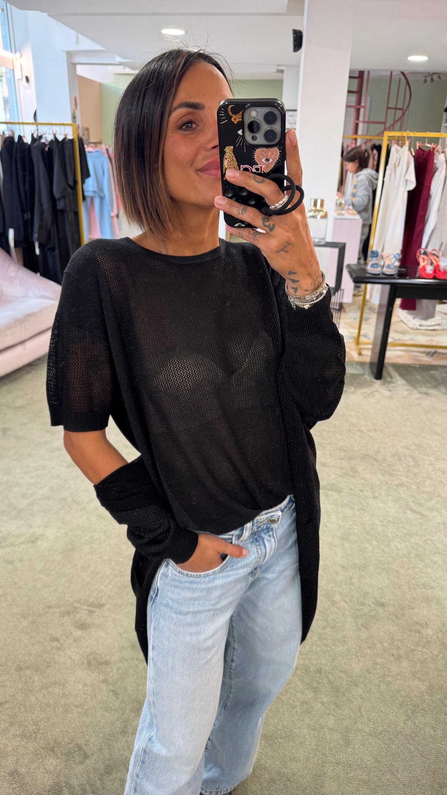 Maglia nera sottoggiacca manica corta in lamè fr