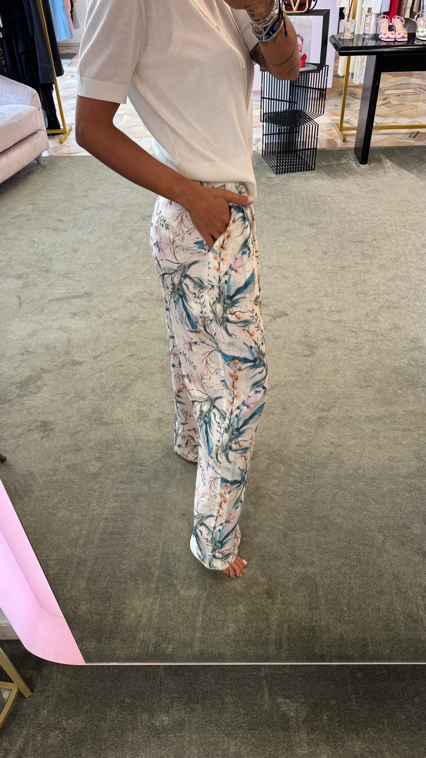 Pantaloni fantasia fiori verde Actualee