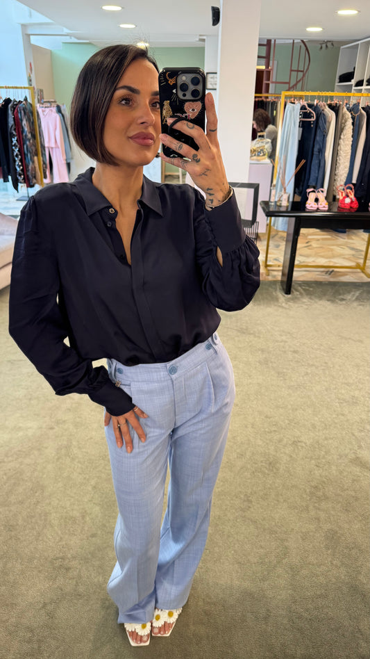 Pantaloni azzurro melange a palazzo con pences fr