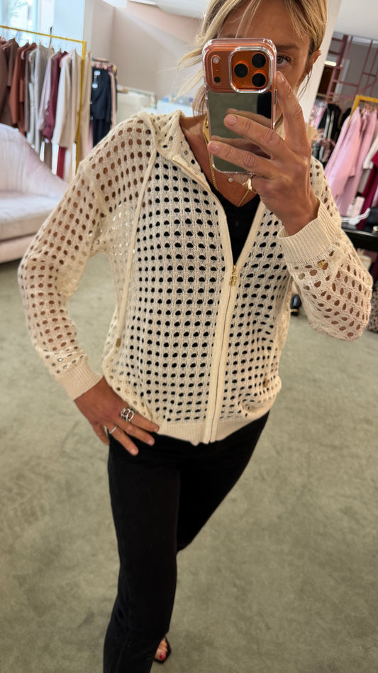 Felpa crema in viscosa traforata con cappuccio fr