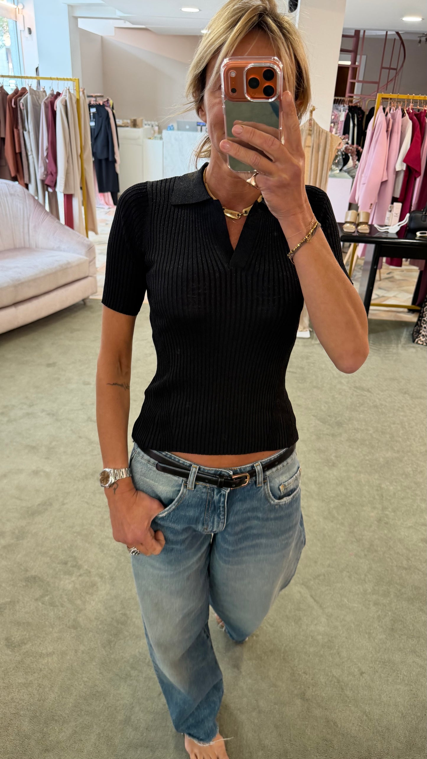 Polo nera in lurex a costine fr