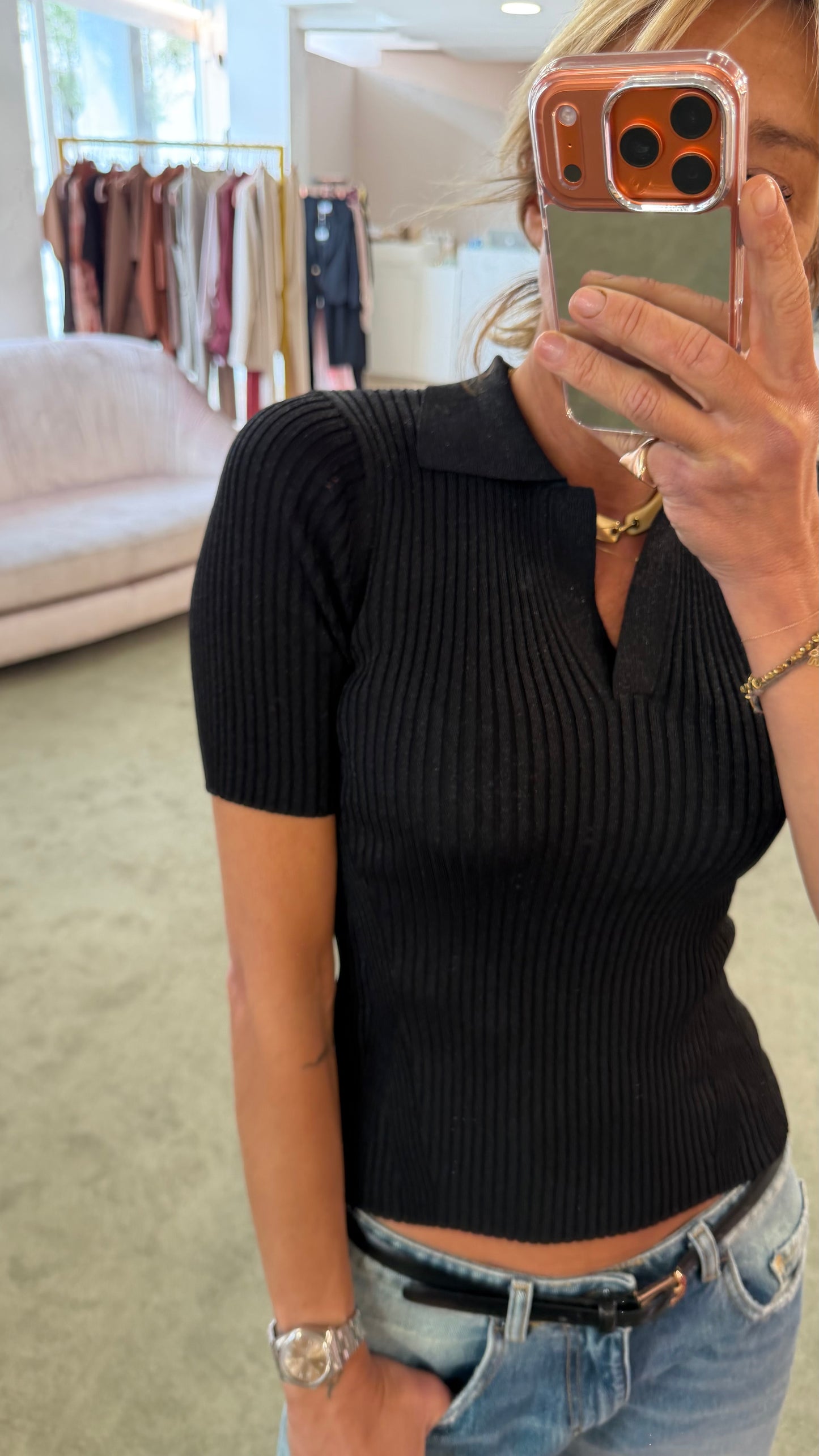 Polo nera in lurex a costine fr