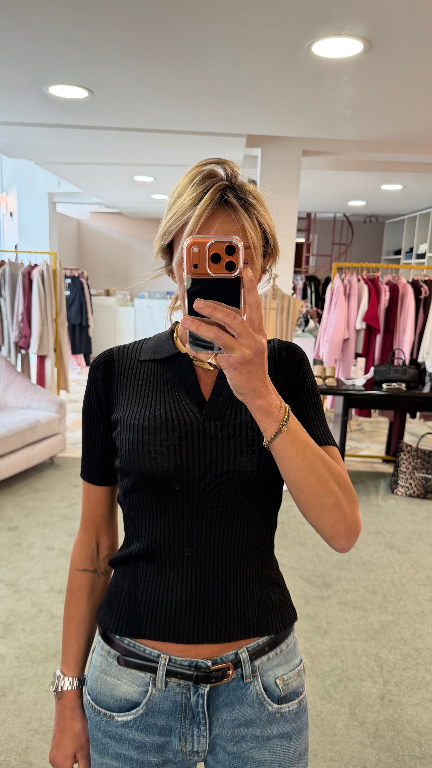 Polo nera in lurex a costine fr