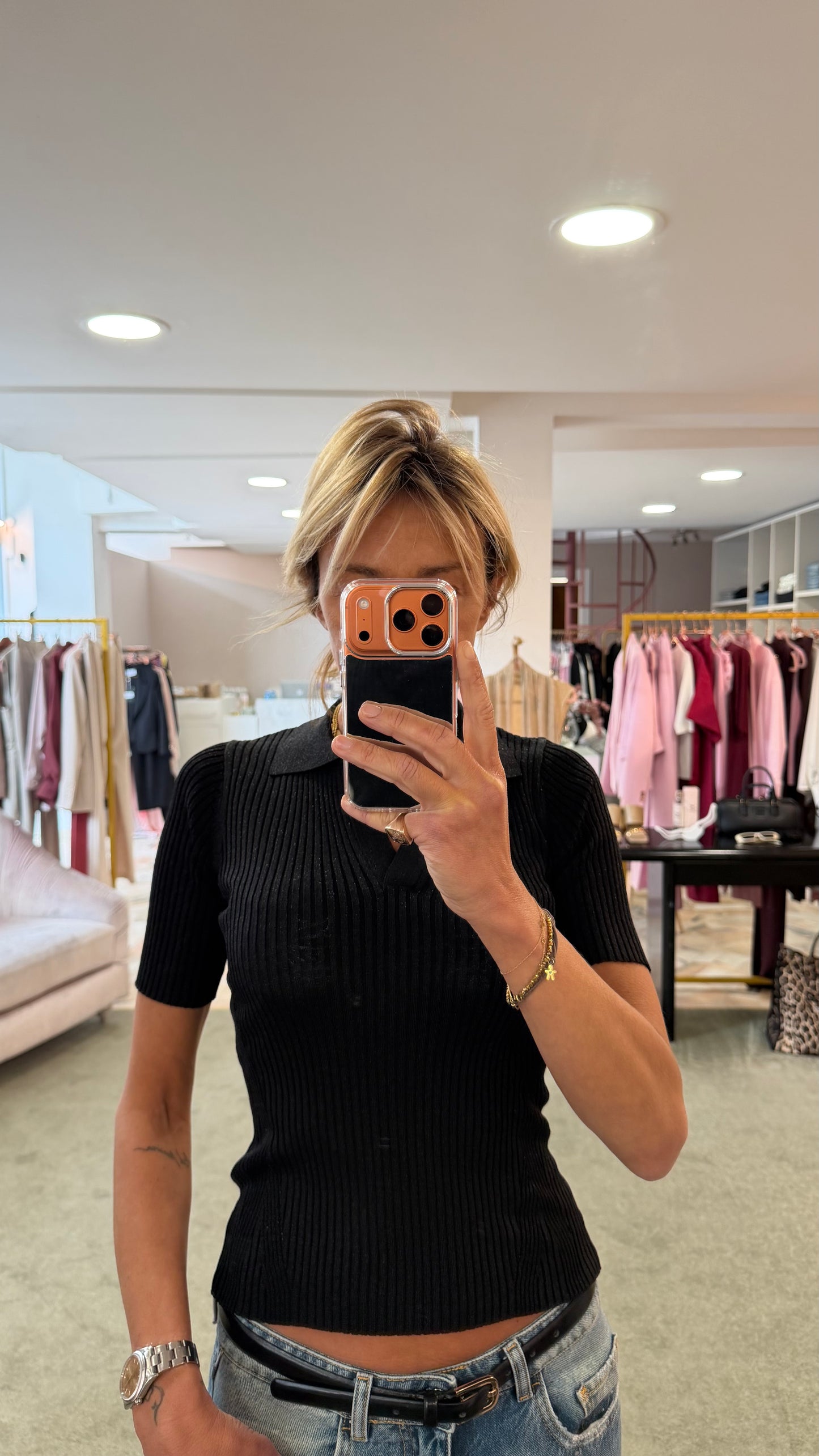 Polo nera in lurex a costine fr