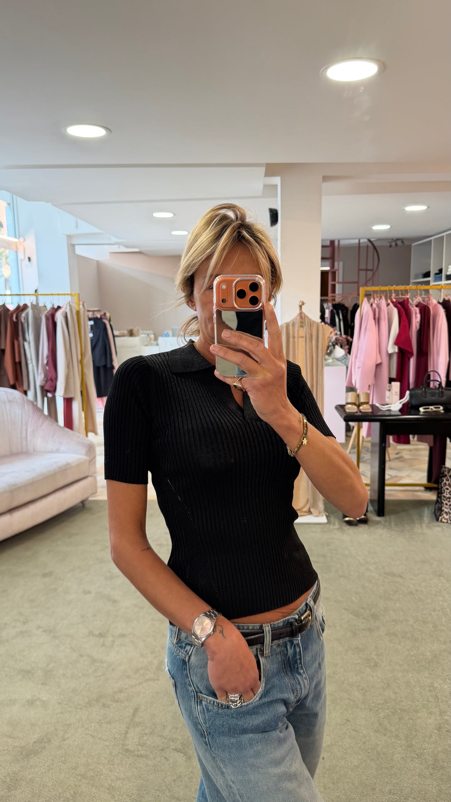 Polo nera in lurex a costine fr