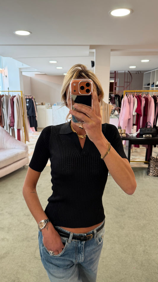 Polo nera in lurex a costine fr