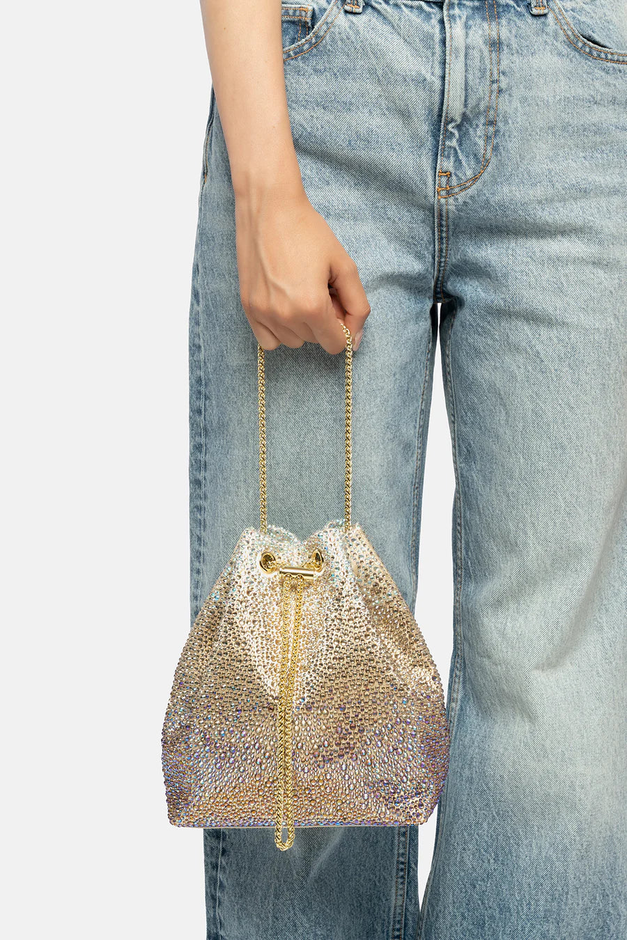 Borsa sacchetto multicolor oro e lilla con cristalli